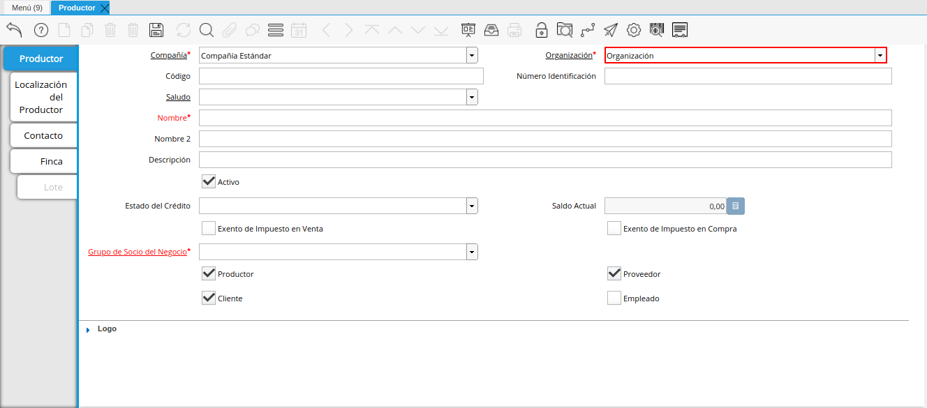 campo organización de la ventana productor