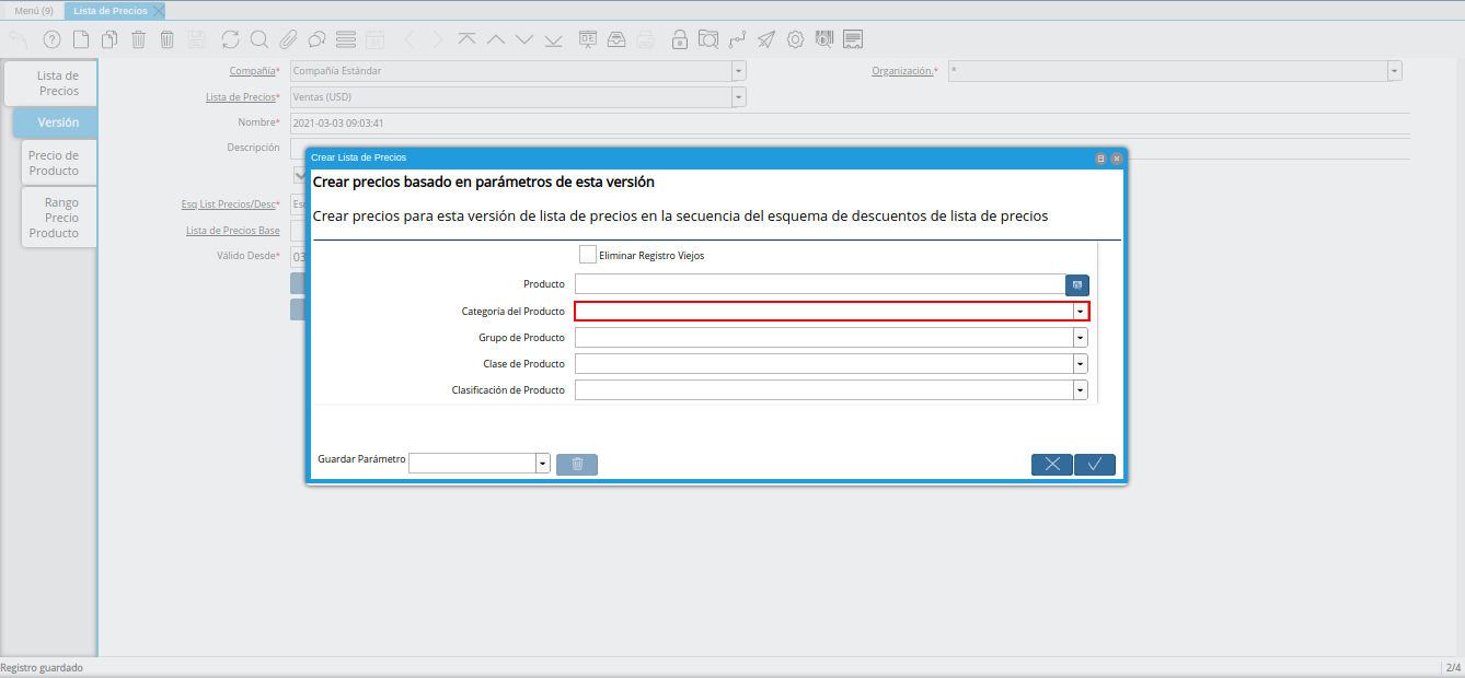 campo categoría del producto de la ventana crear lista de precios para lista de precios base