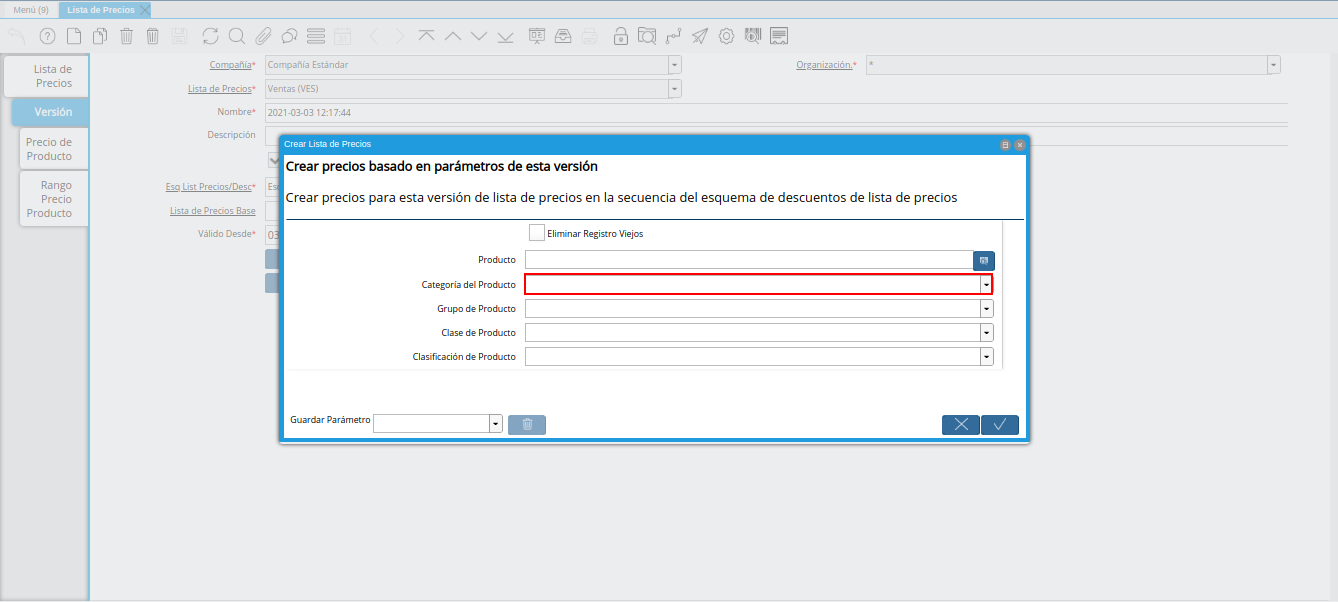 campo categoría del producto de la ventana crear lista de precios para lista de precios desde última oc procesada