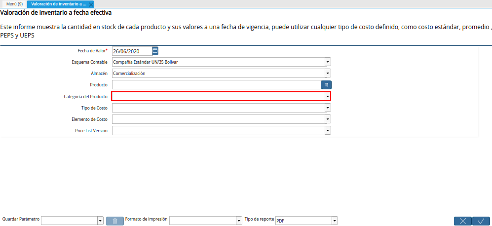 Campo Categoría del Producto de la Ventana Valoración de Inventario a Fecha Efectiva