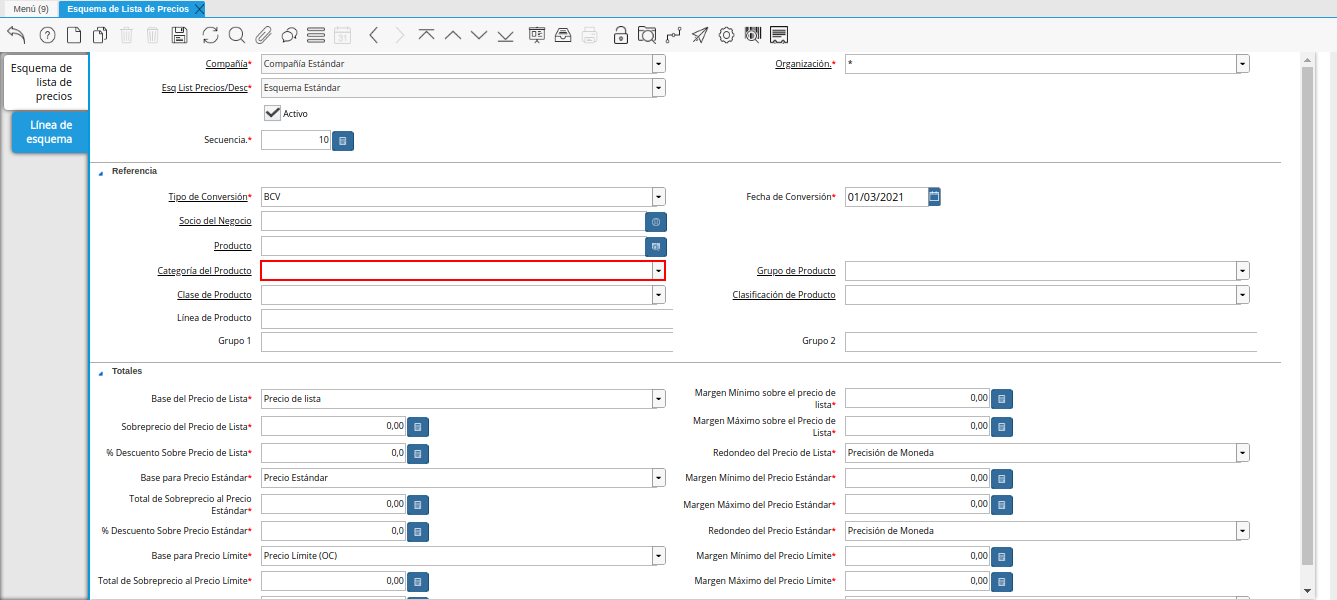 campo categoría del producto de la pestaña línea de esquema