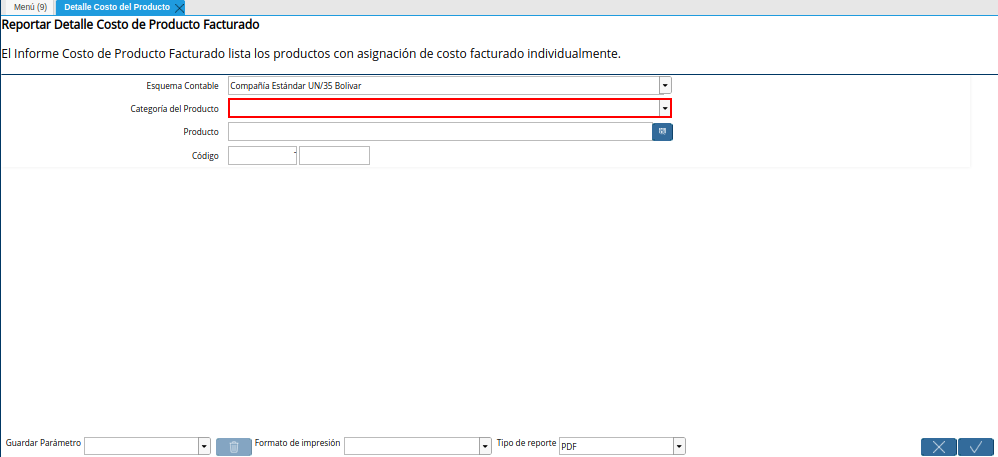 Campo Categoría del Producto de la Ventana Detalle Costo del Producto