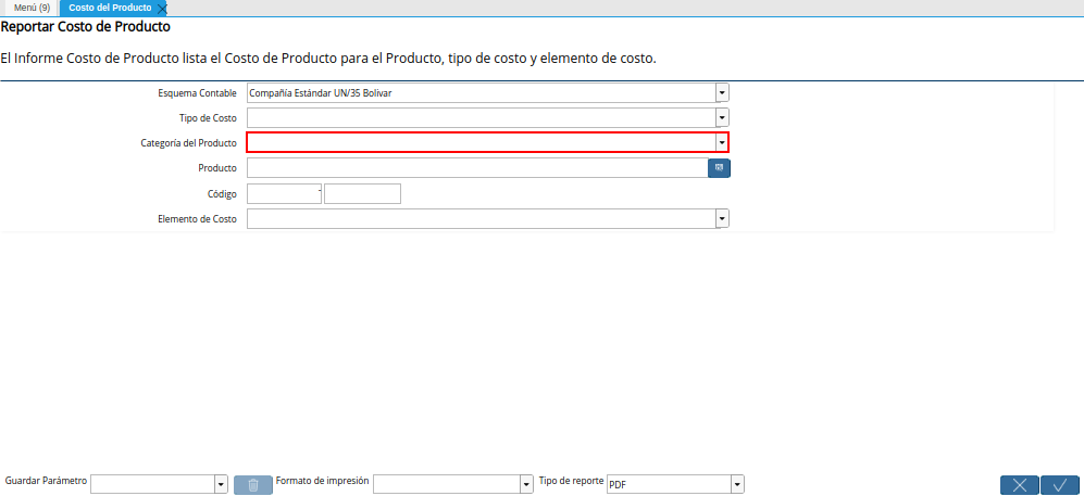 Campo Categoría del Producto de la Ventana del Reporte Costo del Producto