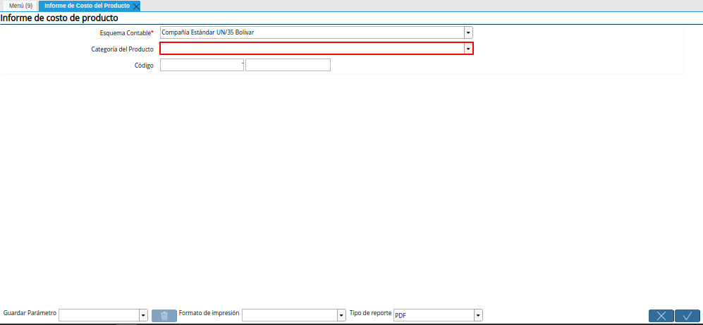 Campo Categoría del Producto de la Ventana del Reporte para Generar el Informe de Costo del Producto