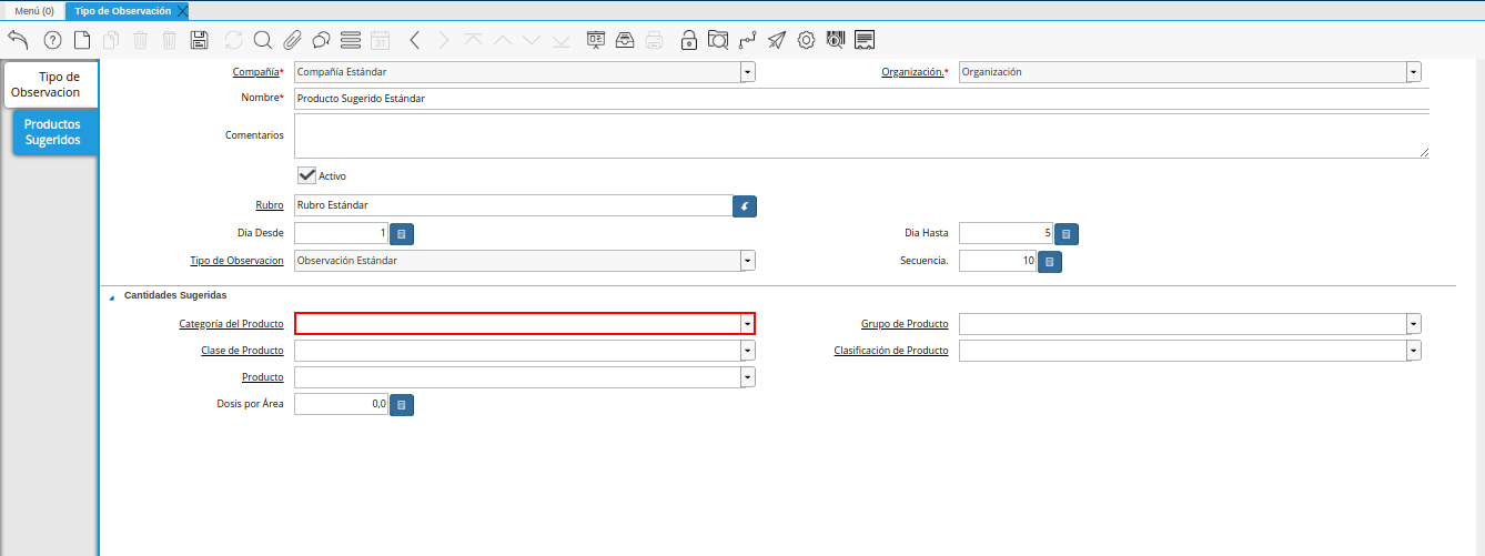 campo categoría del producto de la pestaña productos sugeridos de la ventana tipo de observación