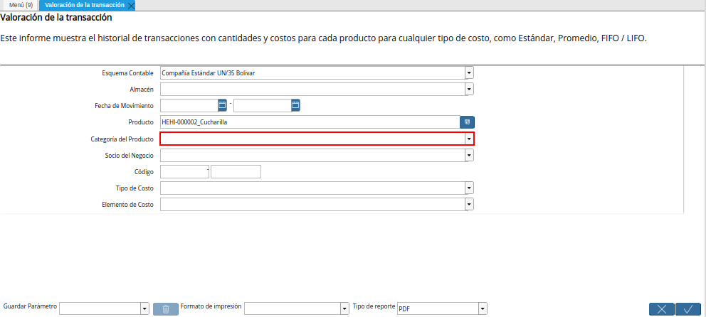 Campo Categoría del Producto de la Ventana Valoración de la Transacción