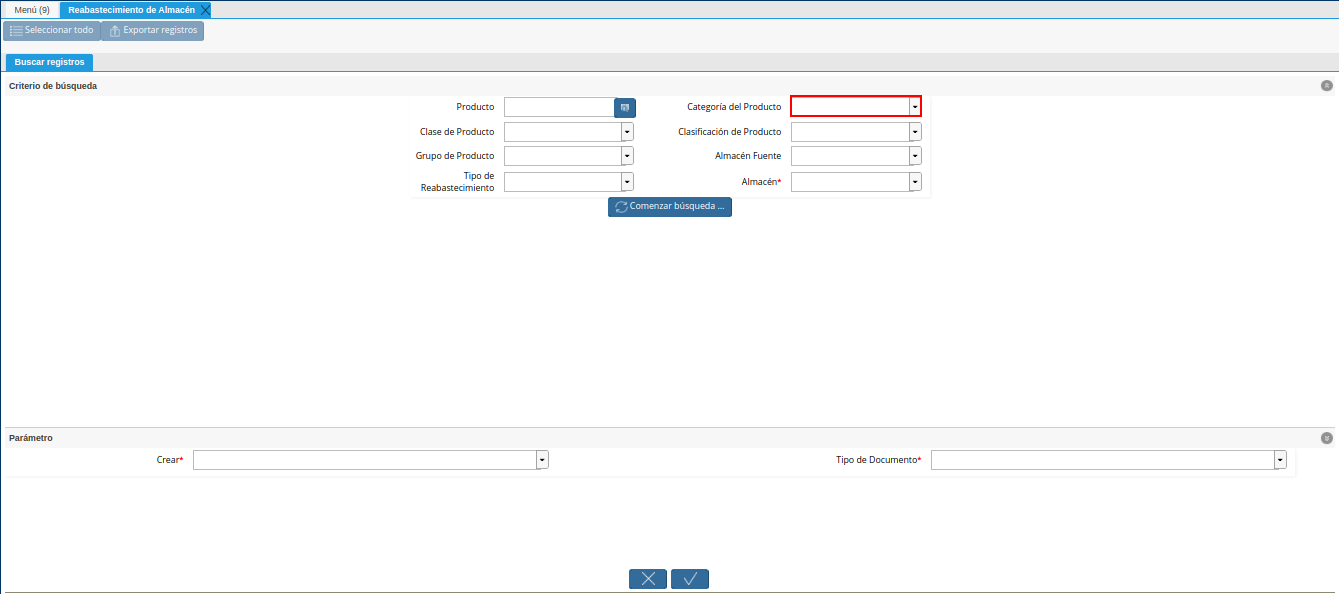 campo categoría del producto de la ventana reabastecimiento de almacén