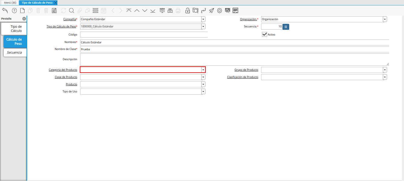 campo categoría del producto de la ventana tipo de cálculo de peso