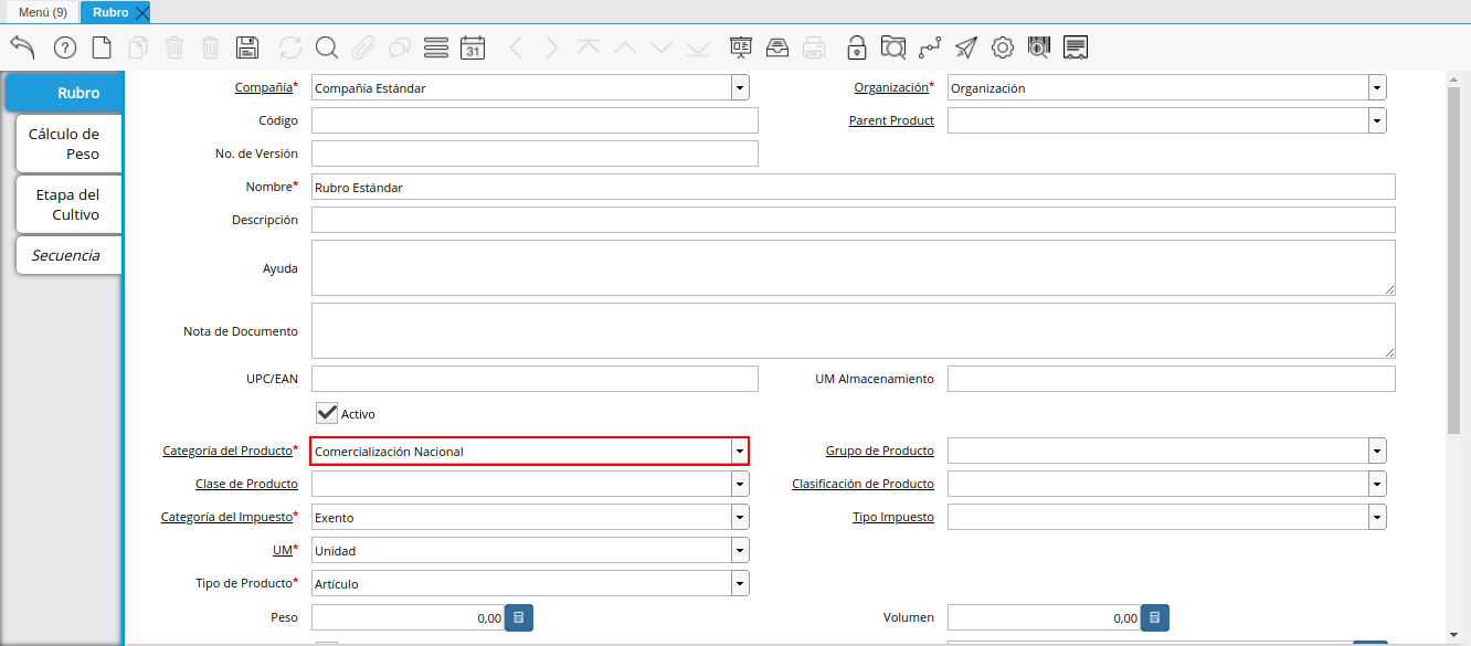 Campo Categoría del Producto