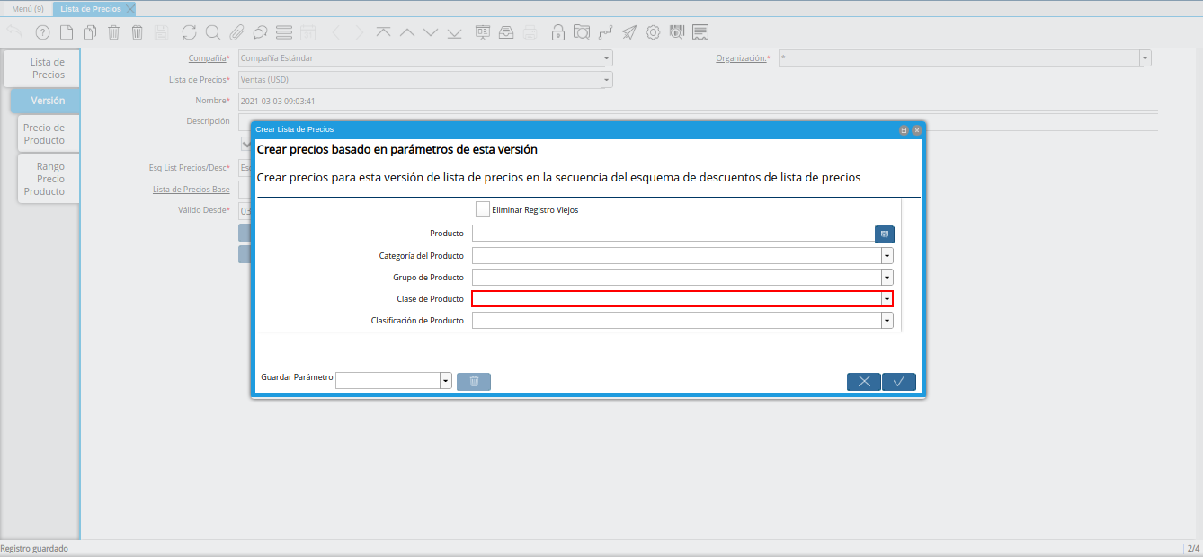 campo clase de producto de la ventana crear lista de precios para lista de precios base