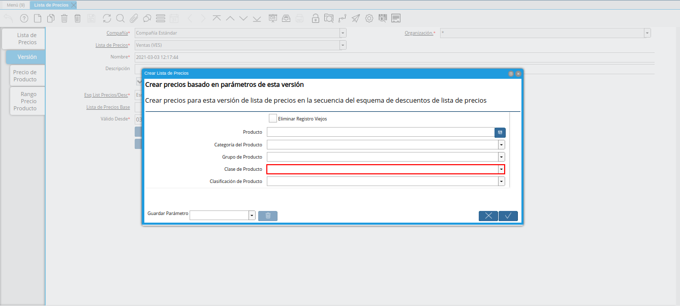 campo clase de producto de la ventana crear lista de precios para lista de precios desde última oc procesada