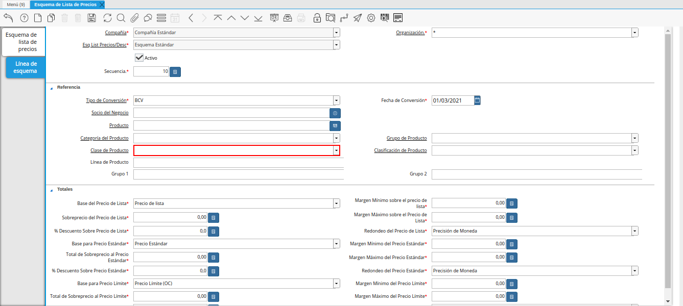 campo clase de producto de la pestaña línea de esquema