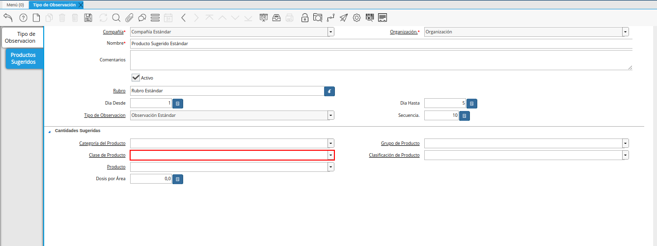 campo clase de producto de la pestaña productos sugeridos de la ventana tipo de observación