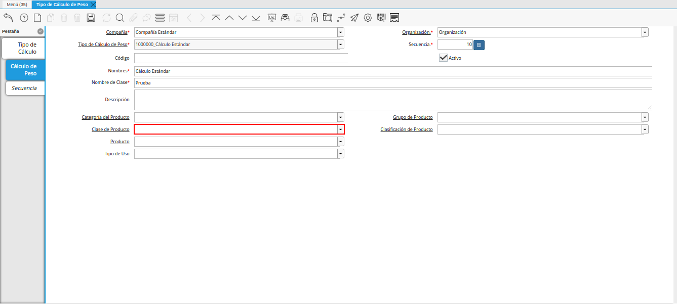 campo clase de producto de la ventana tipo de cálculo de peso