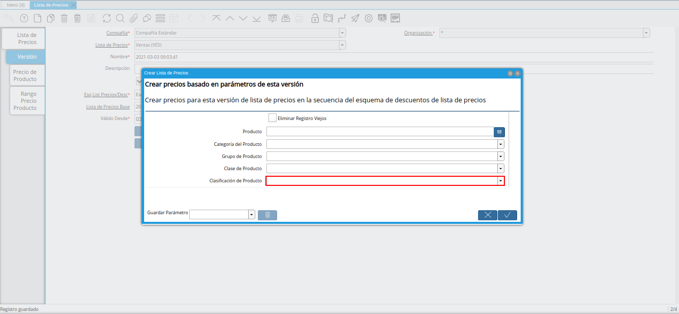 campo clasificación de producto de la ventana crear lista de precios para lista de precios desde otra