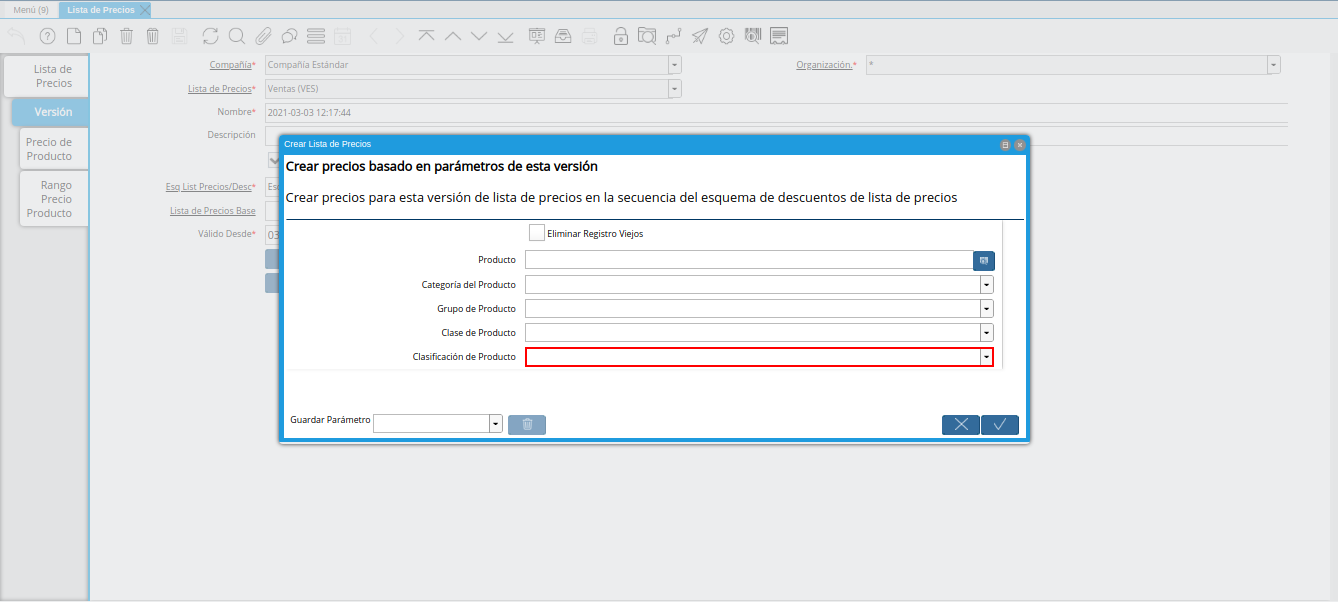 campo clasificación de producto de la ventana crear lista de precios para lista de precios desde última oc procesada
