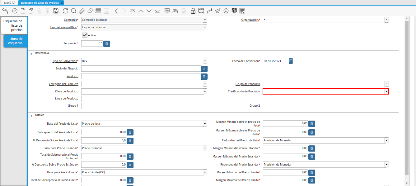 campo clasificación de producto de la pestaña línea de esquema