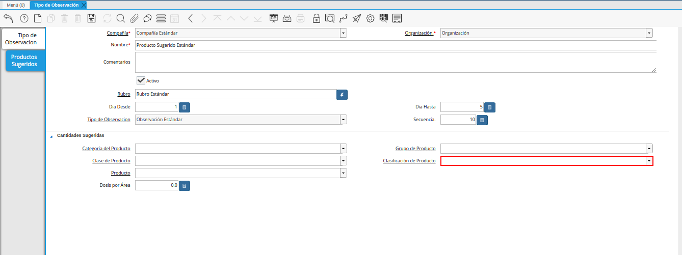 campo clasificación de producto de la pestaña productos sugeridos de la ventana tipo de observación