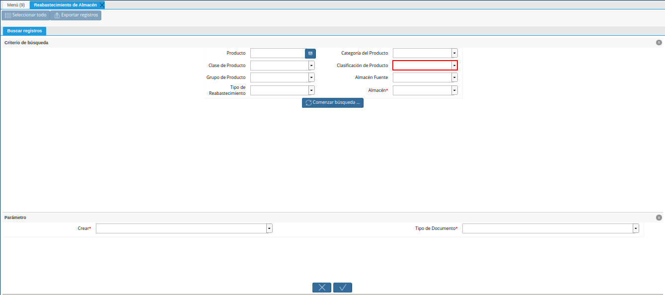 campo clasificación del producto de la ventana reabastecimiento de almacén