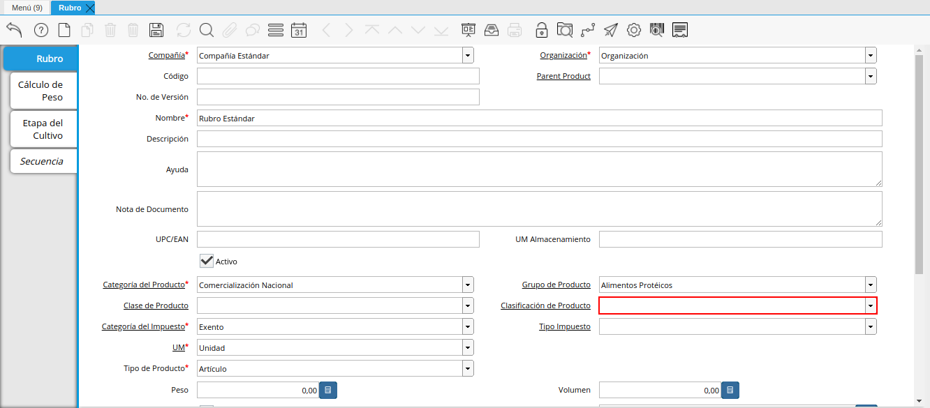 Campo Clasificación de Producto