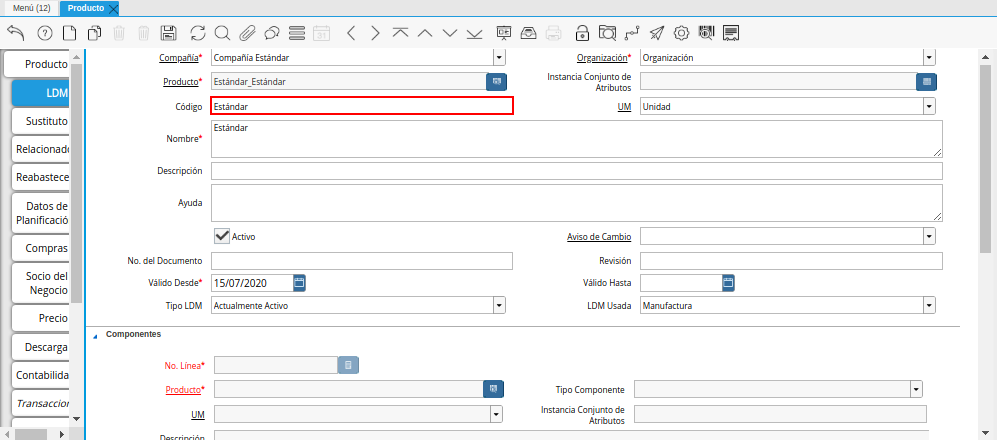 Campo Código del Producto de la Pestaña LDM