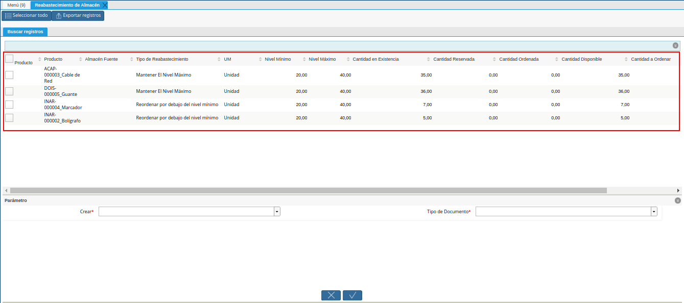 listado de registro de configuración de productos