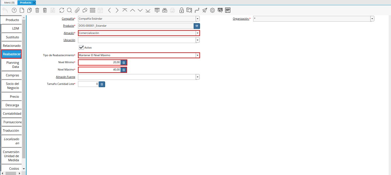configuración del producto