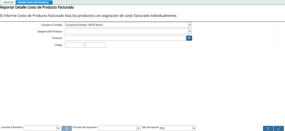 Ventana Detalle Costo del Producto