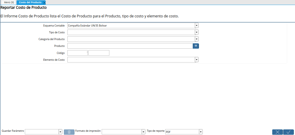 Ventana del Reporte Costo del Producto