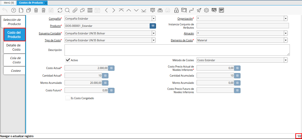 Pestaña Costo del Producto de la Ventana Costos del Producto