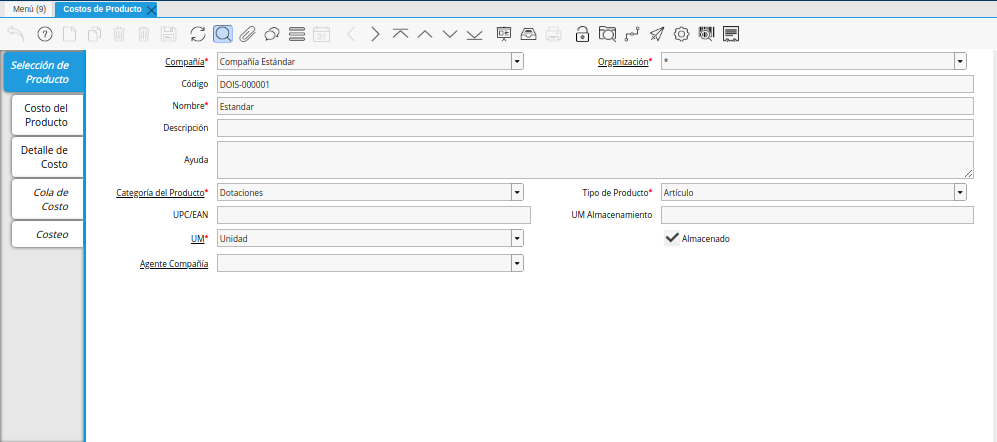 Ventana Costos del Producto