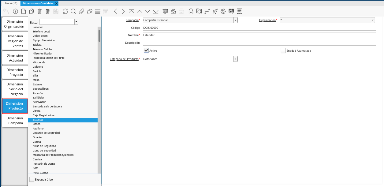 Pestaña Dimensión Producto