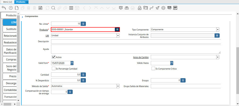 Campo Producto de la Pestaña ldm del Producto Estándar para Producción