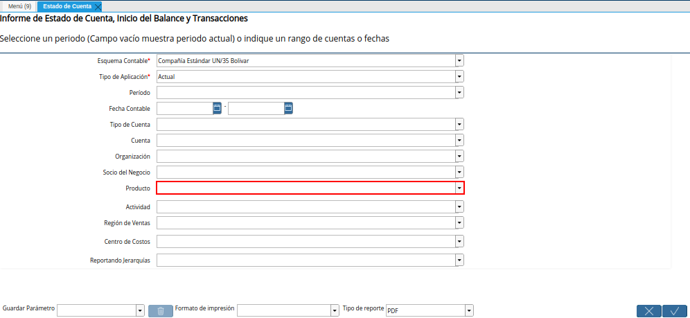 Campo Producto de la Ventana Estado de Cuenta