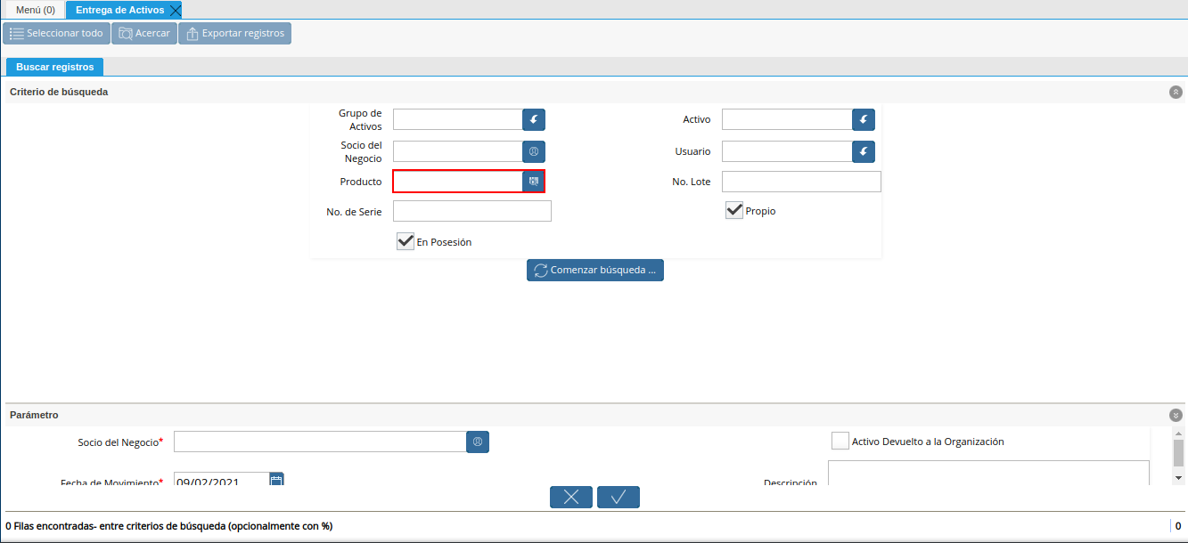 campo producto de la ventana entrega de activos