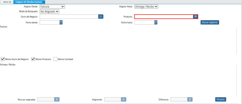 Campo Producto de la Ventana Asignar OC Recepción Factura