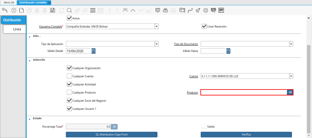 Campo Producto del Checklist Cualquier Producto de la Ventana Distribución Contable
