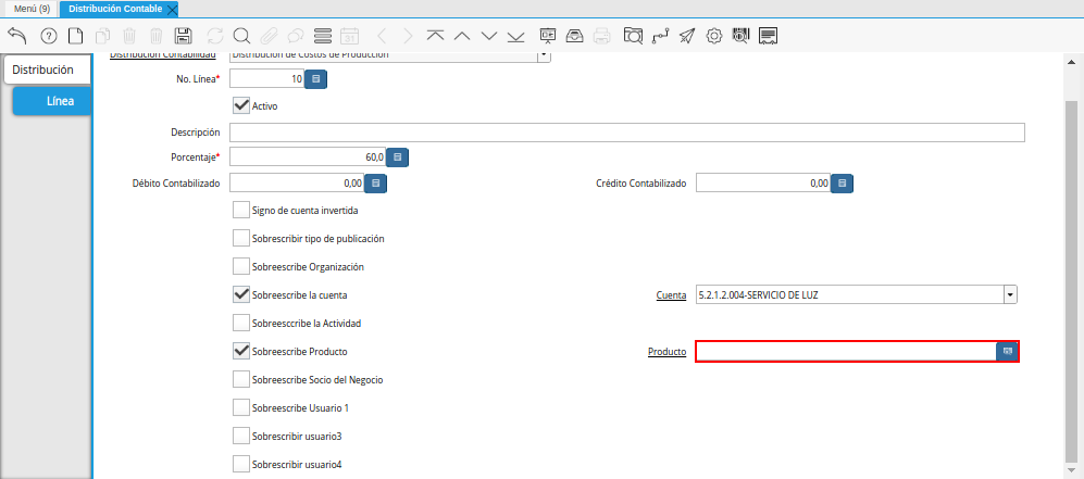 Campo Producto del Checklist Sobreescribe Producto de la Pestaña Línea de la Ventana Distribución Contable