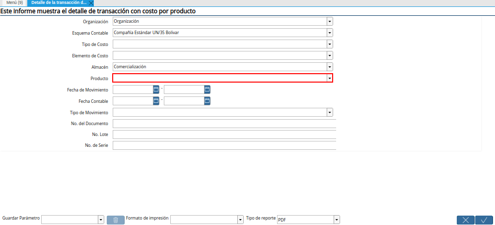 Campo Producto de la Ventana Detalle de la Transacción de Costos