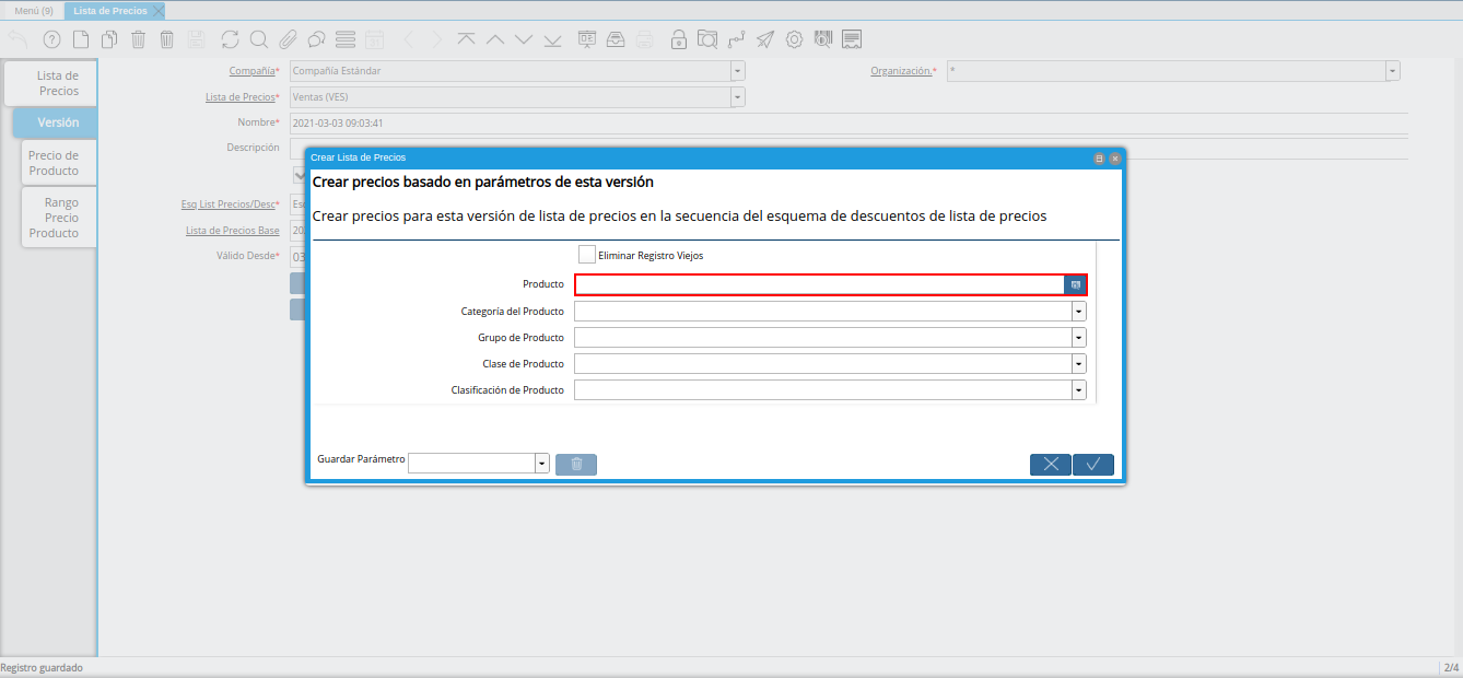 campo producto de la ventana crear lista de precios para lista de precios desde otra