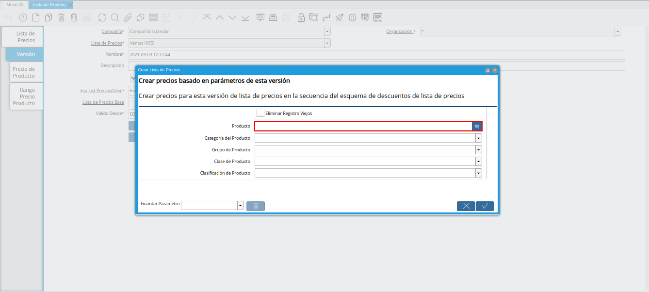 campo producto de la ventana crear lista de precios para lista de precios desde última oc procesada