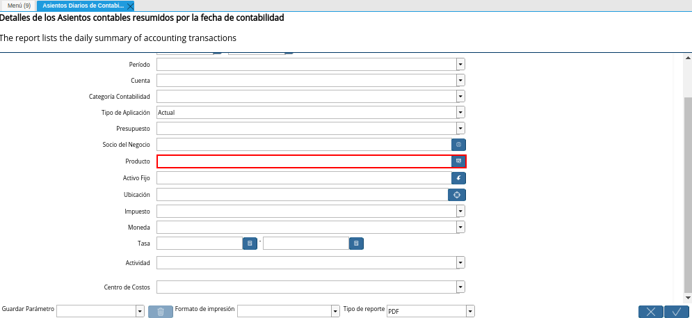 Campo Producto de la Ventana Asientos Diarios de Contabilidad