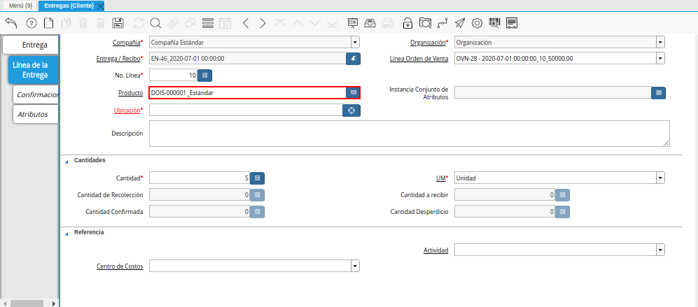 Campo Producto de la Pestaña Línea de la Entrega de la Ventana Entregas Cliente