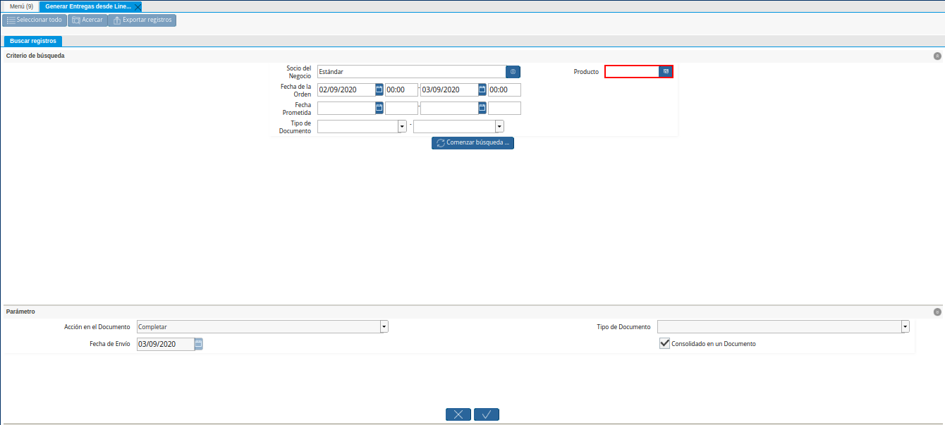 Campo Producto de la Ventana Generar Entrega desde Líneas de la Orden