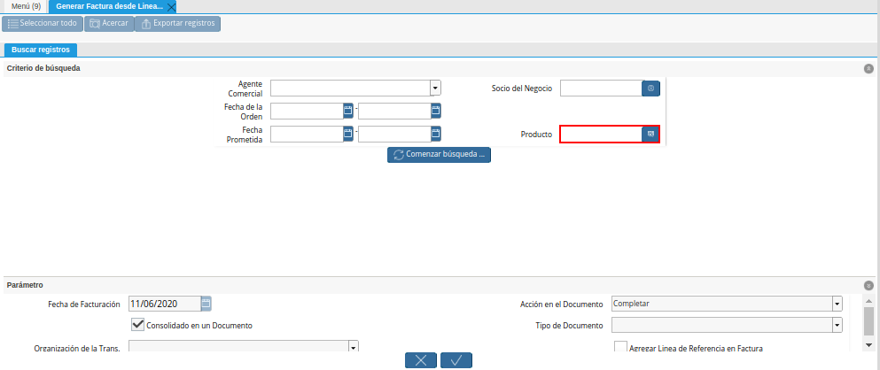 Campo Producto de la Ventana Generar Factura desde Líneas de la Orden
