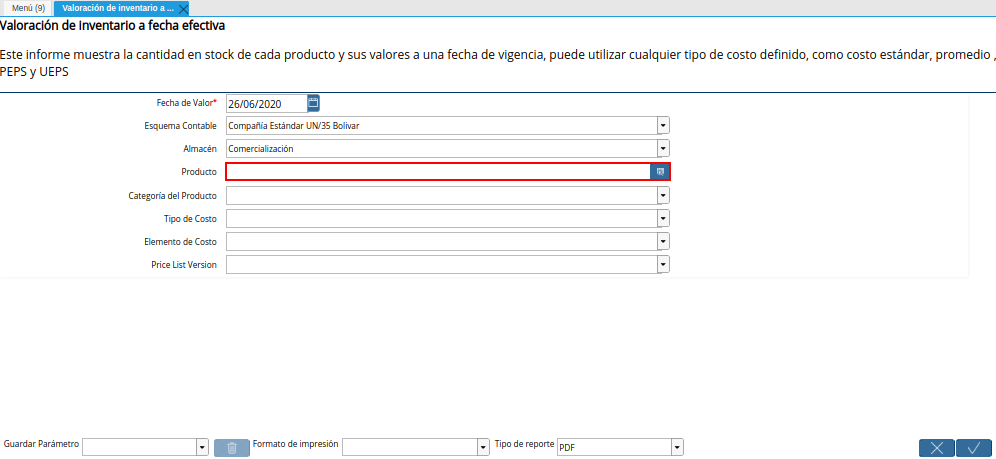 Campo Producto de la Ventana Valoración de Inventario a Fecha Efectiva