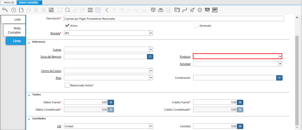 Campo Producto de la Pestaña Línea de la Ventana Diario Contable