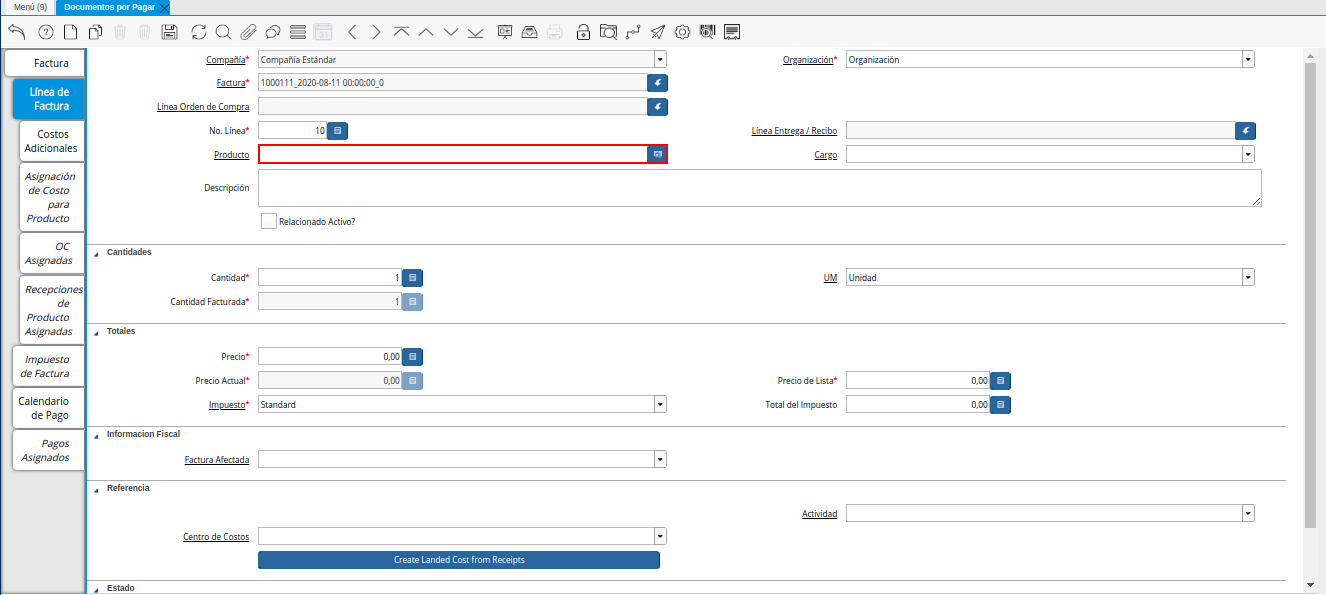 Campo Producto de la Pestaña Línea de la Factura de la Nota de débito de CxP