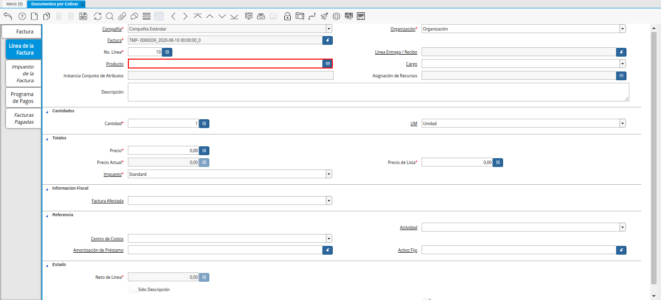 Campo Producto de la Nota de Débito de CxC