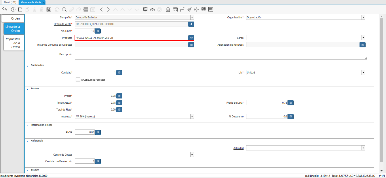 campo producto de la pestaña línea de la orden de la ventana órdenes de venta